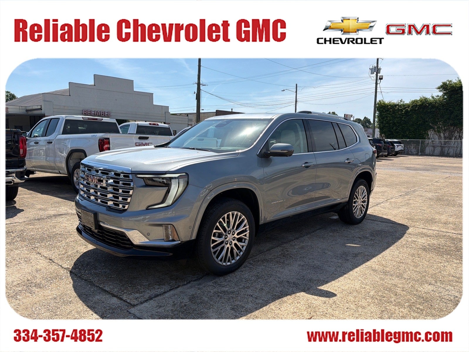 2026 GMC Acadia Denali in Sterling Metallic — front three-quarter view