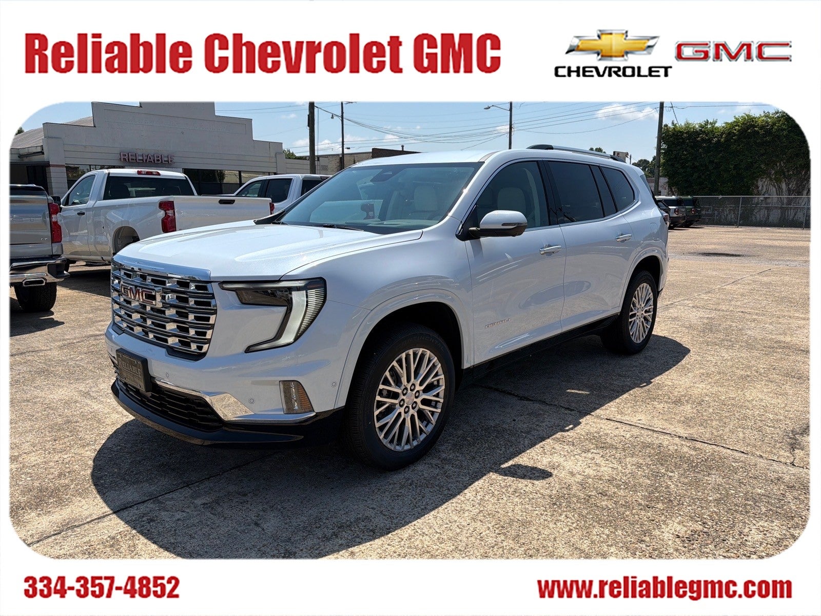 2026 GMC Acadia Denali in Glacier White Tricoat — front three-quarter view